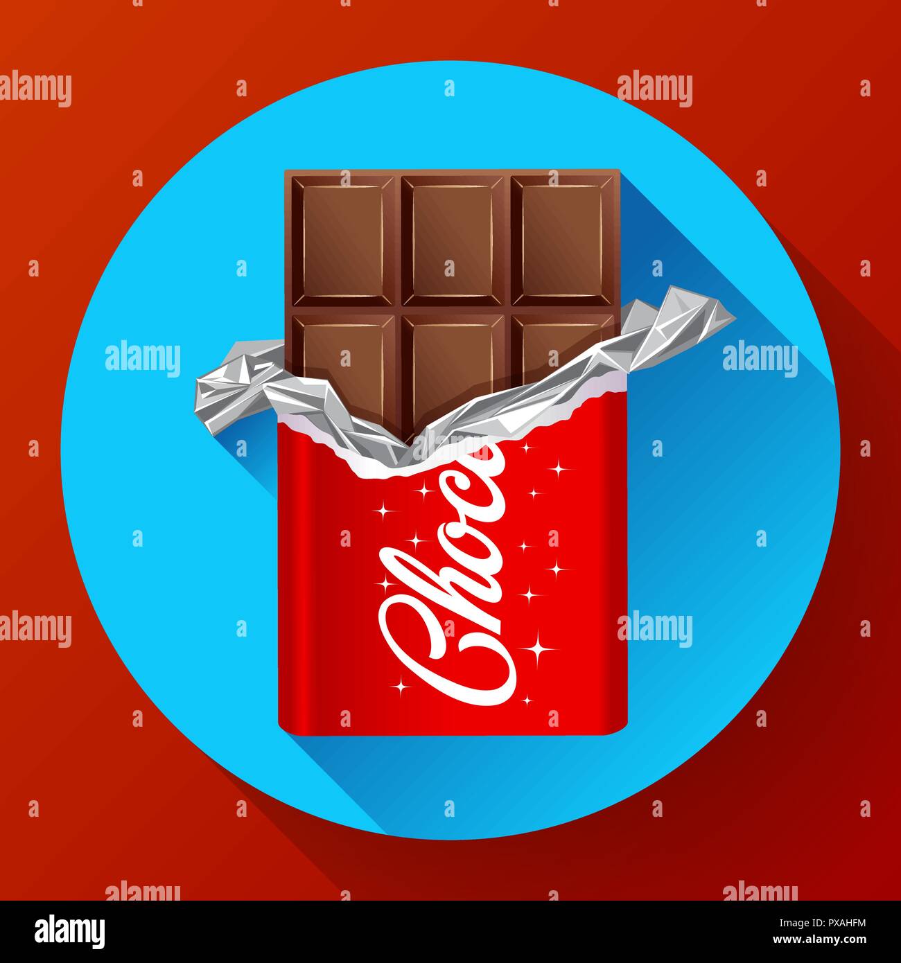 Chocolate bar in opened red wrapped. Chocolate icon Stock Vector