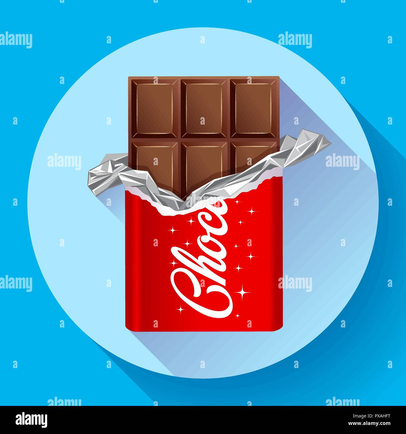 Chocolate bar in opened red wrapped. Chocolate icon Stock Vector