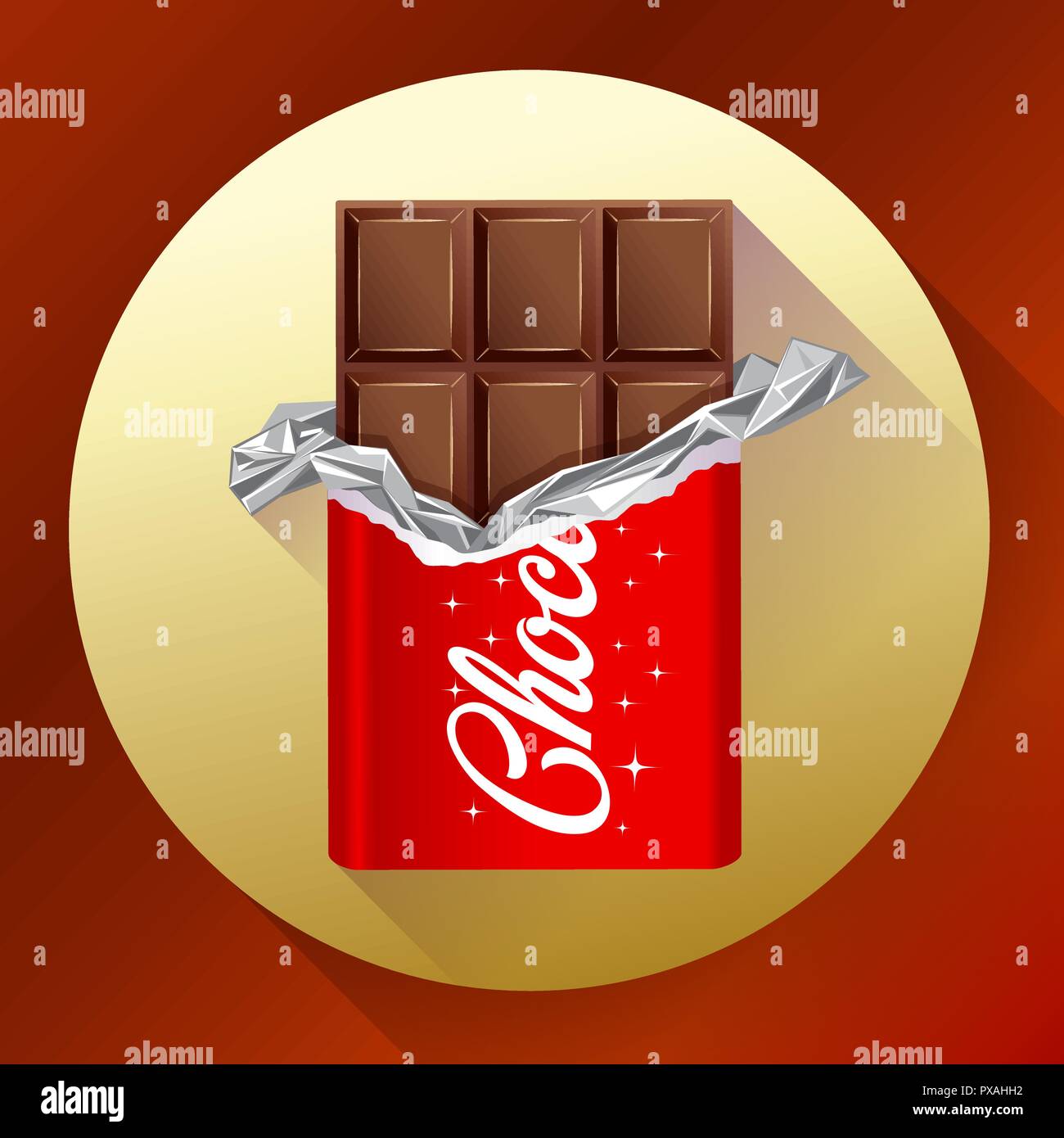 Chocolate bar in opened red wrapped. Chocolate icon Stock Vector