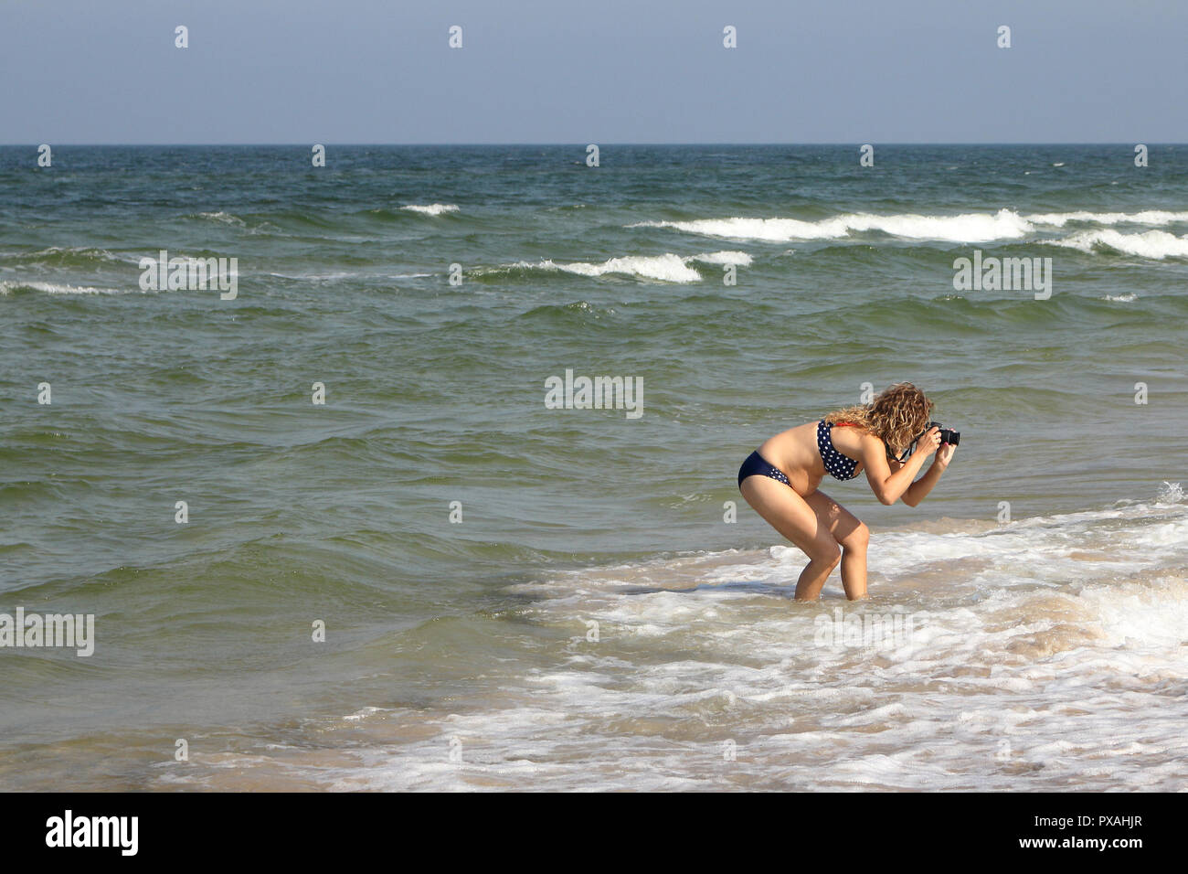 A woman stands in shallow water of the Baltic sea and takes a photograph. Stock Photo