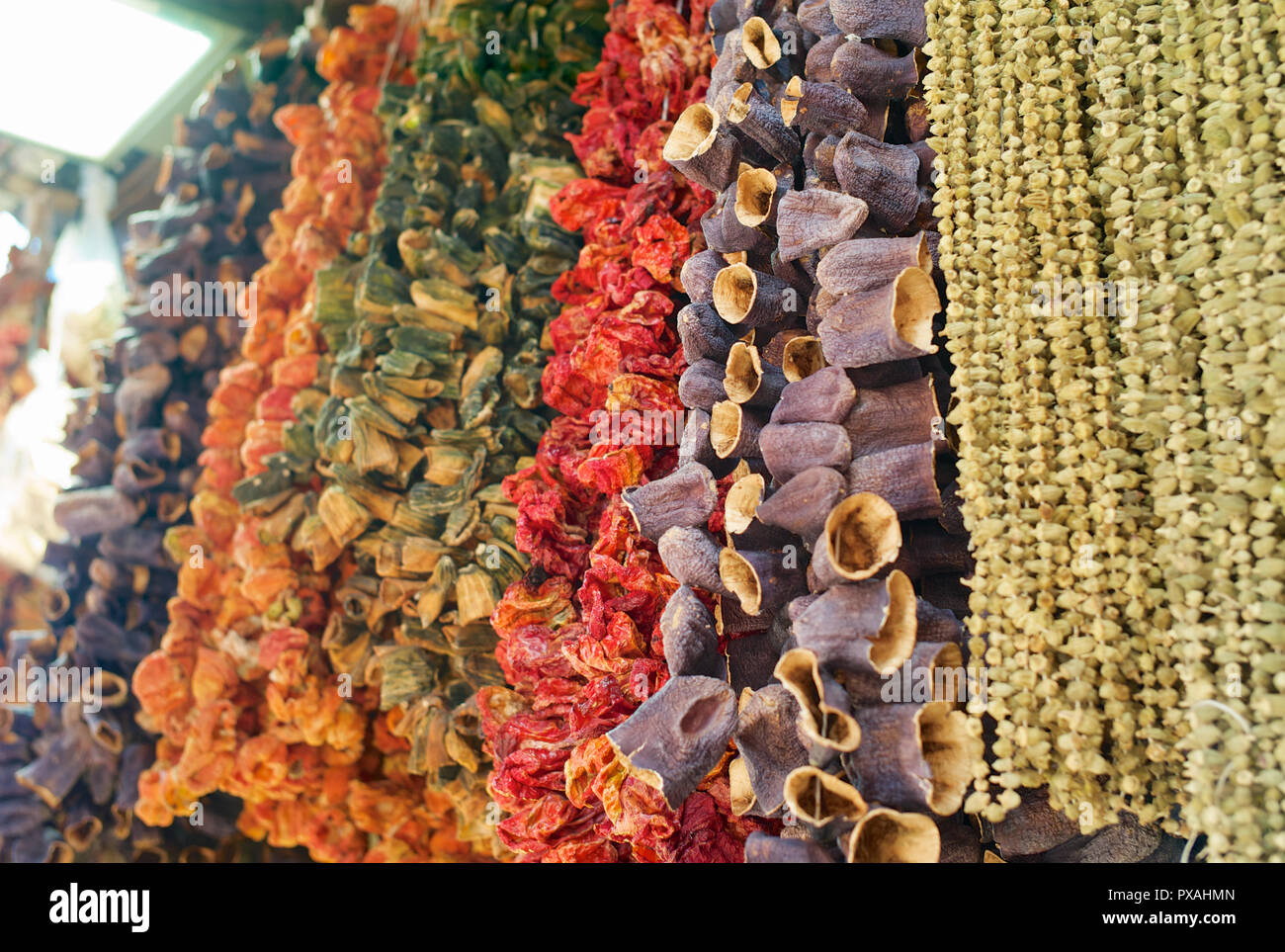 Dried Eggplants, Peppers, Tomatoes and Other Dried Vegetables Hanging on a String at the Egyptian Bazaar or Spice Bazaar in Istanbul, Turkey Stock Photo