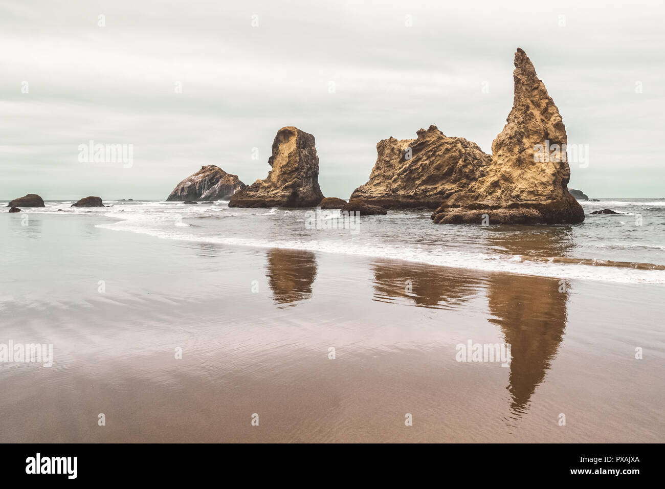 Rocky outcrops or sea stacks along the shores of Bandon Beach, Pacific Northwest Coast, Oregon, USA. Stock Photo