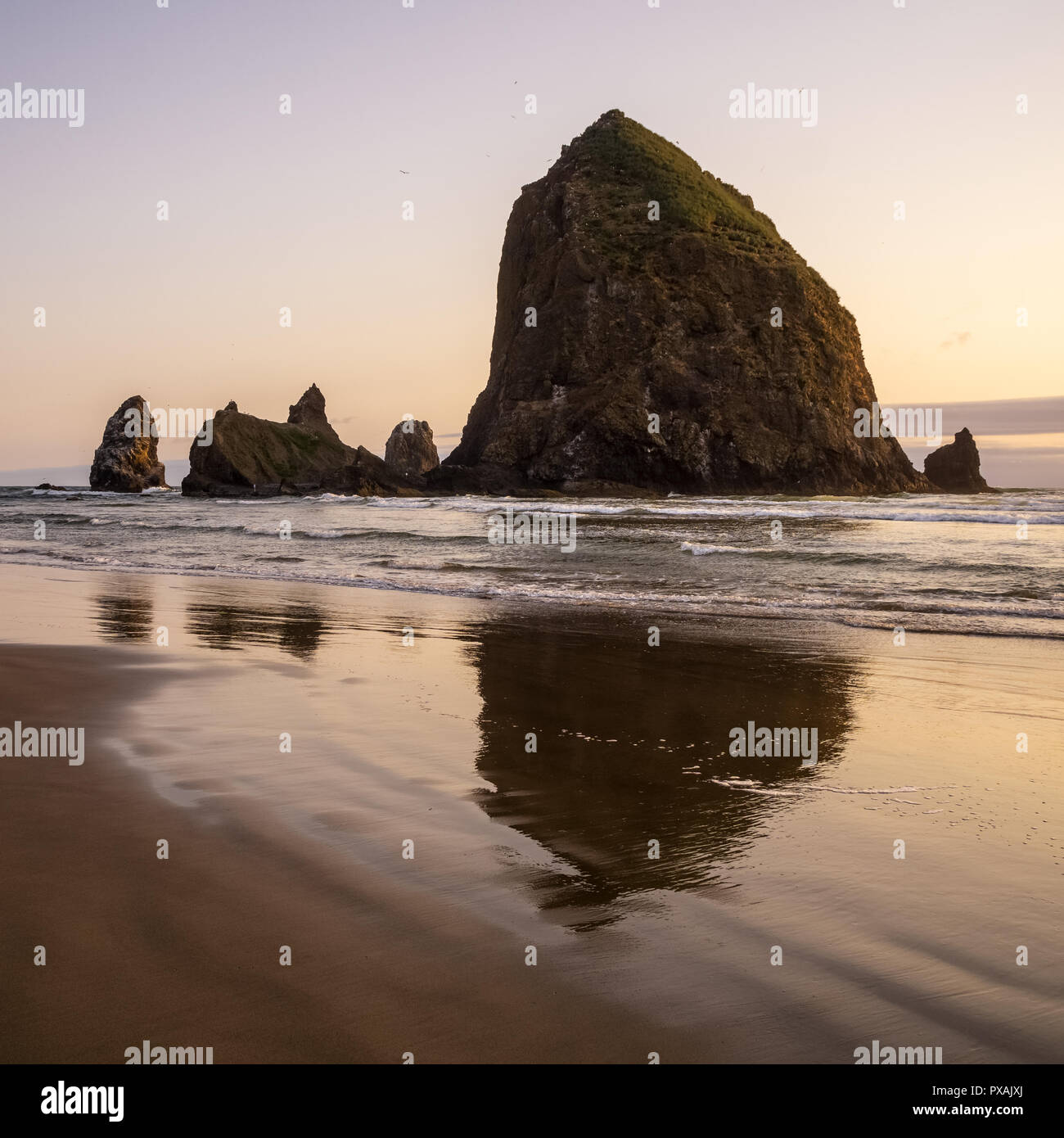 The Haystack Rock at dusk, iconic sea stack or rocky outcrop of the Pacific Coast, Cannon Beach, Oregon, USA. Stock Photo