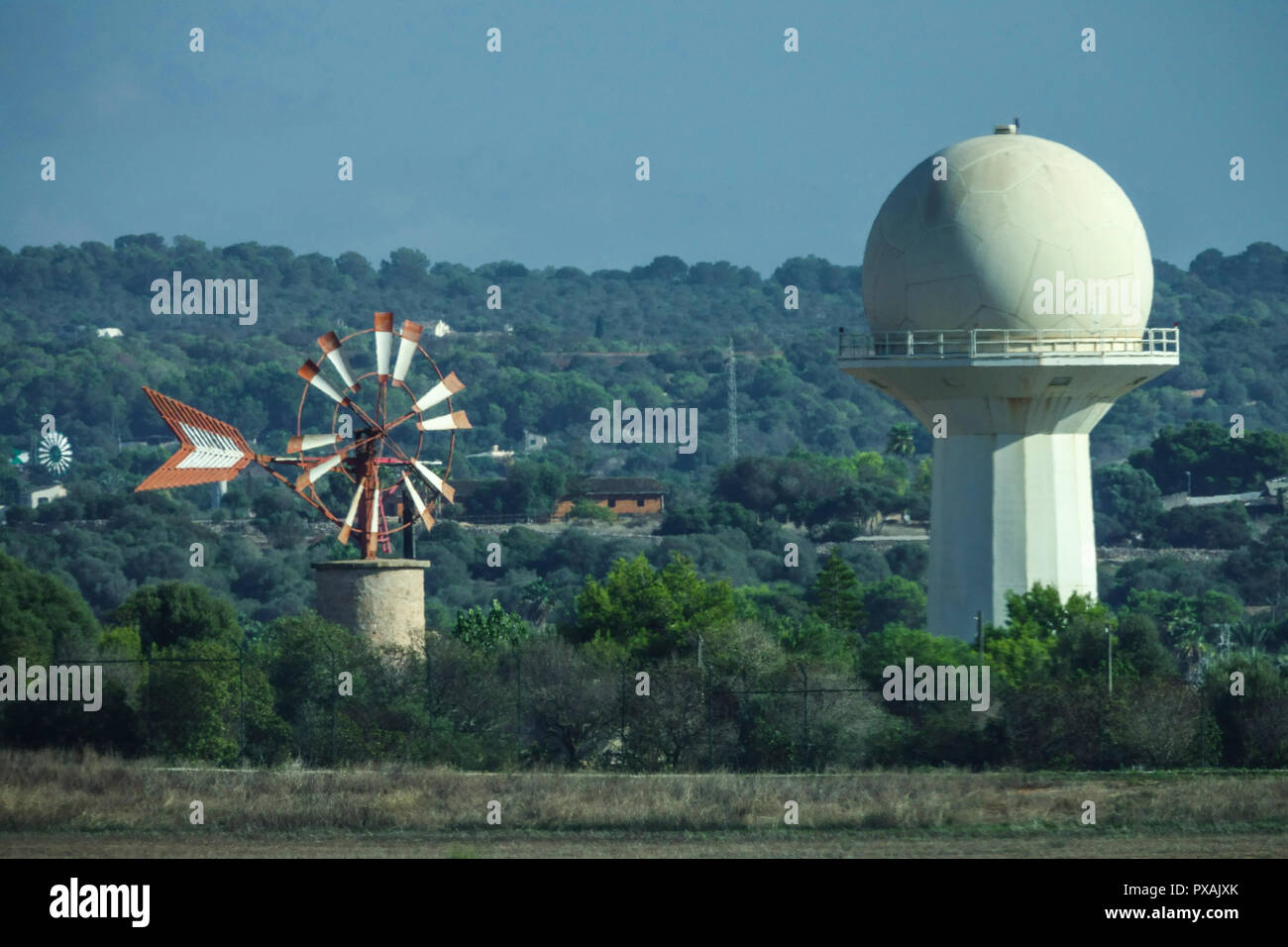 Palma de Mallorca, Radar, and Windmill at airport, Spain air traffic control radar Stock Photo