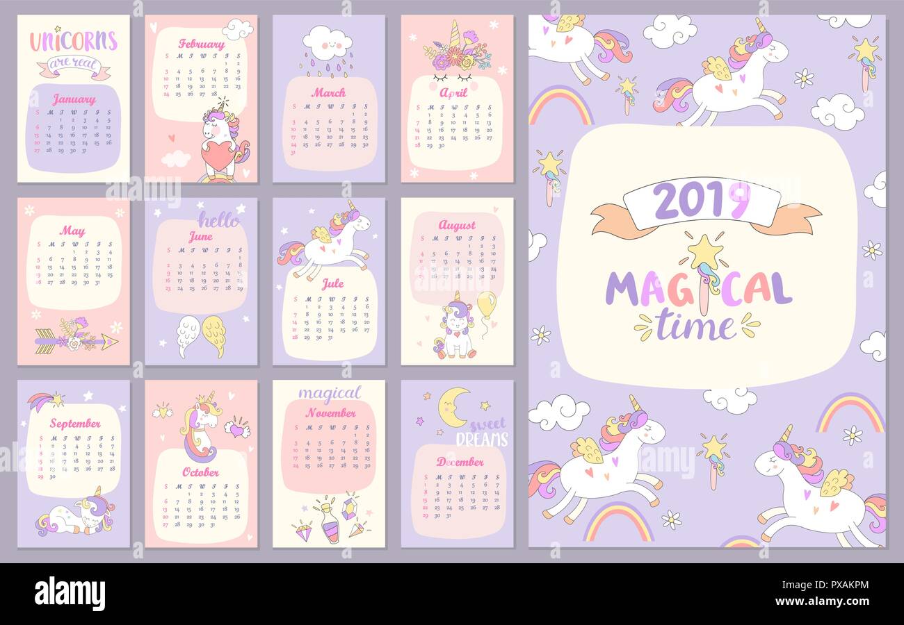2019 Magical time Calendar with unicorns. Different characters for every month. Holiday event planner. Week Starts Sunday. Vector illustration. Stock Vector