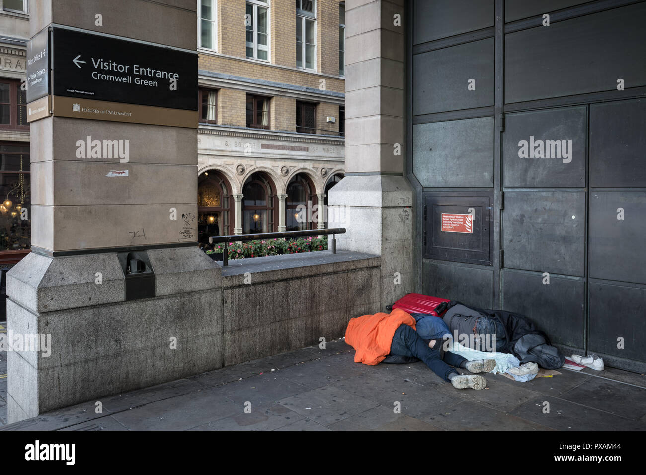 London, UK. 21st Oct, 2018. Rough sleepers during the day near Westminster underground station. Credit: Guy Corbishley/Alamy Live News Stock Photo