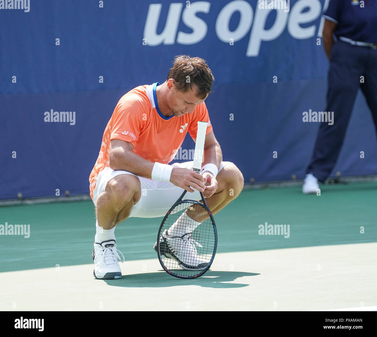 New York, NY - August 28, 2018: Ricardas Berankis of Lithuania reacts during US Open 2018 1st round match against Hyeon Chung of Korea at USTA Billie Jean King National Tennis Center Stock Photo