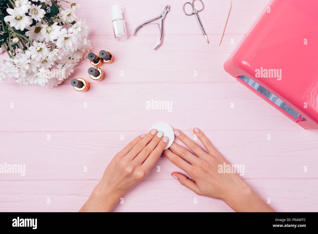 Top View Floral Composition Female Hands Remove Sticky Layer From