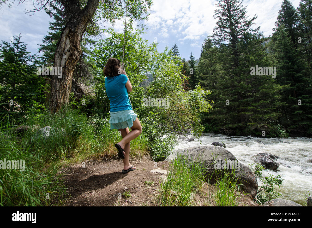 Brunette attractive fit active woman swings and holds onto a rope tree swing in Wyoming along the Beartooth Highway in summer. River in the background Stock Photo