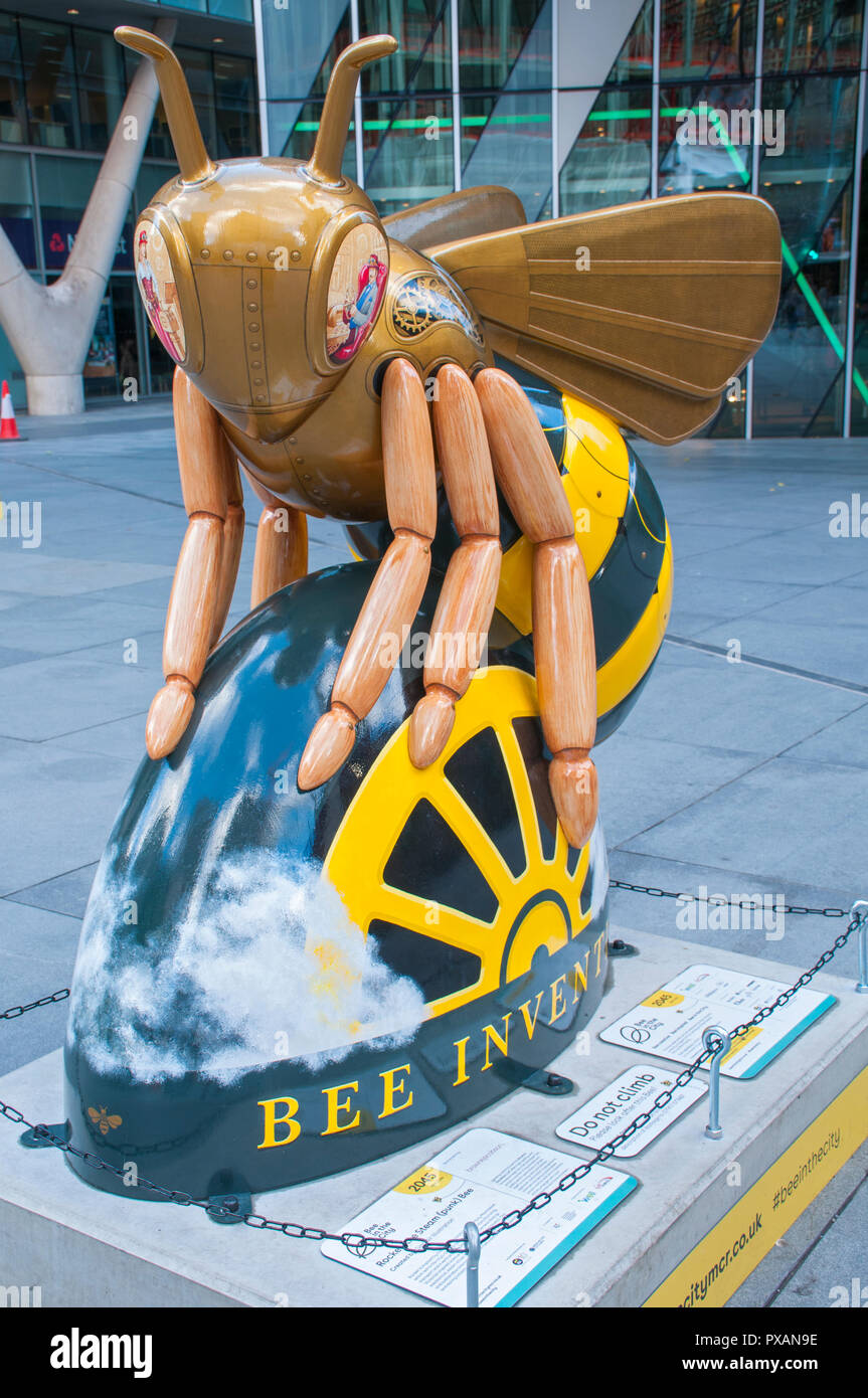 Rocket, the Steam (punk) Bee, by Sinclair Illustration.  One of the Bee in the City sculptures, Spinningfields Square, Manchester, UK. Stock Photo