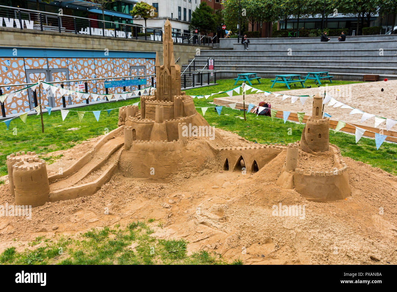Sand castle display by #onthebeachMCR at Great Northern Square, Manchester, England, UK Stock Photo