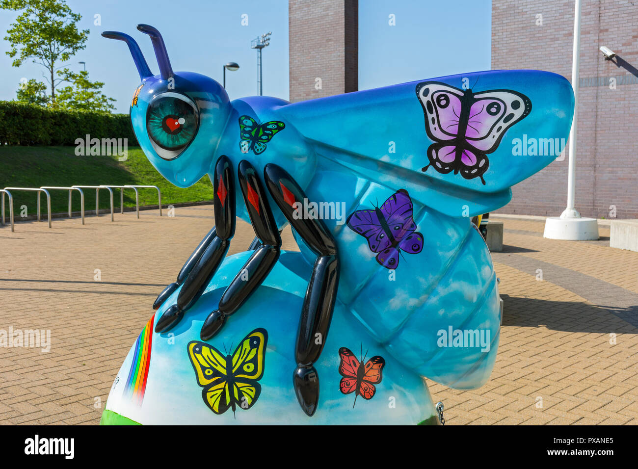 Bee-longing, by Neequaye.  One of the Bee in the City sculptures, National Squash Centre, Etihad Campus, Manchester, UK. Stock Photo