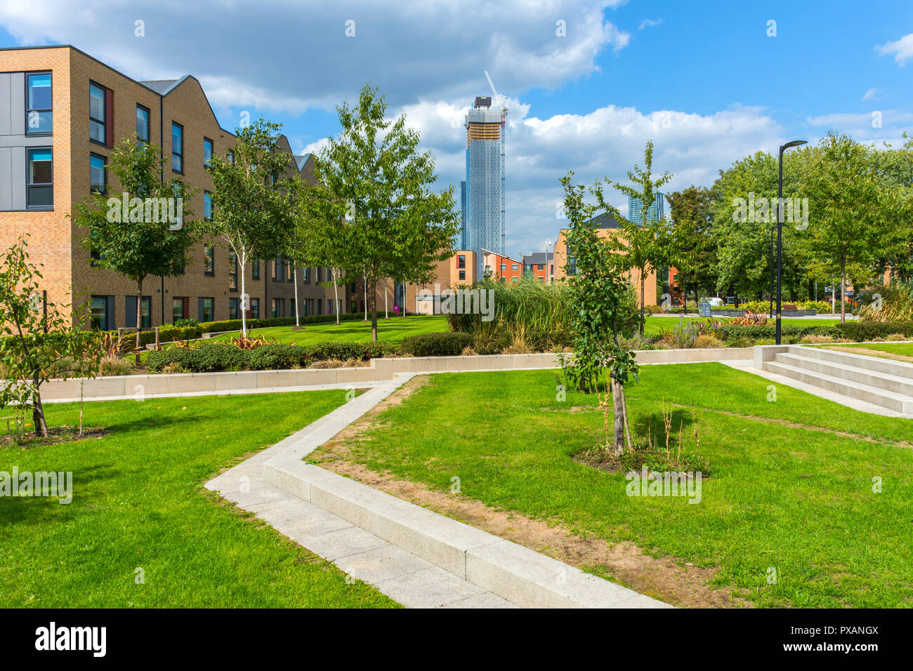 One of the Deansgate Square towers seen from the grounds of the Brooks