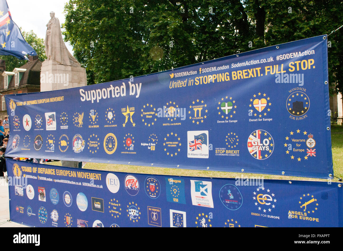 Banner at an anti-Brexit protest featuring cities across the UK united in stopping Brexit, part of SODEMAction and SODEMLondon Stock Photo