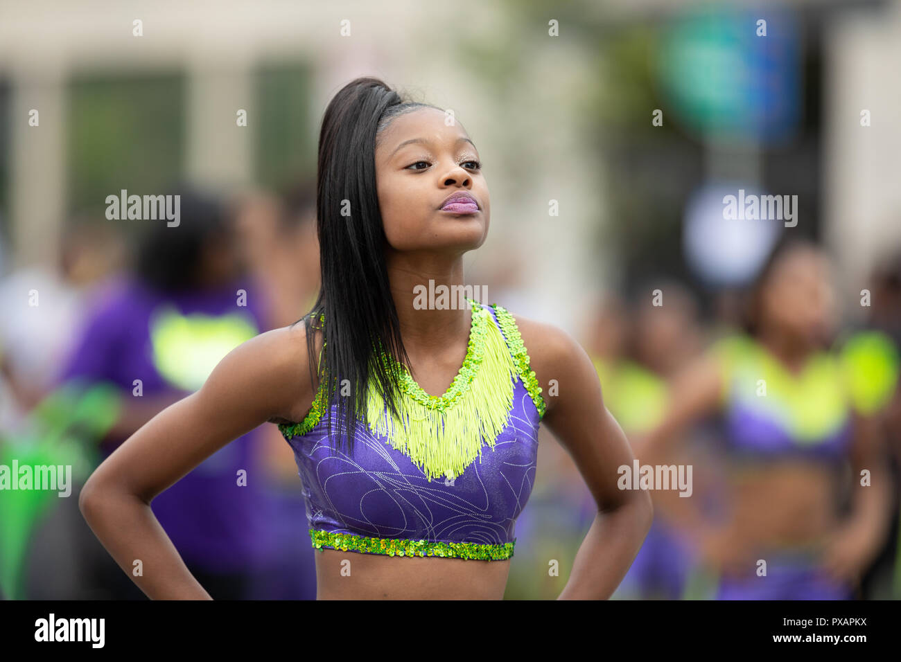 Indianapolis, Indiana, USA - September 22, 2018: The Circle City Classic Parade, African american cheerleader dancing during the parade Stock Photo