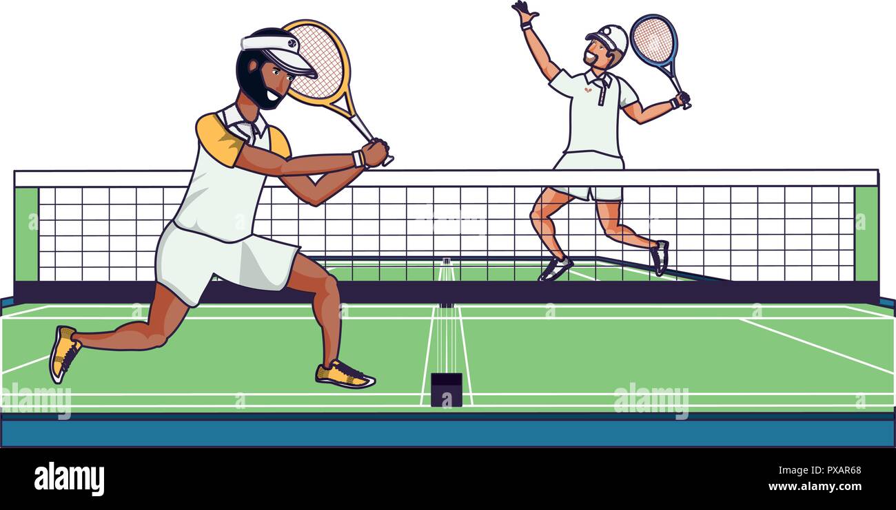 men playing tennis in sport court vector illustration design Stock Vector