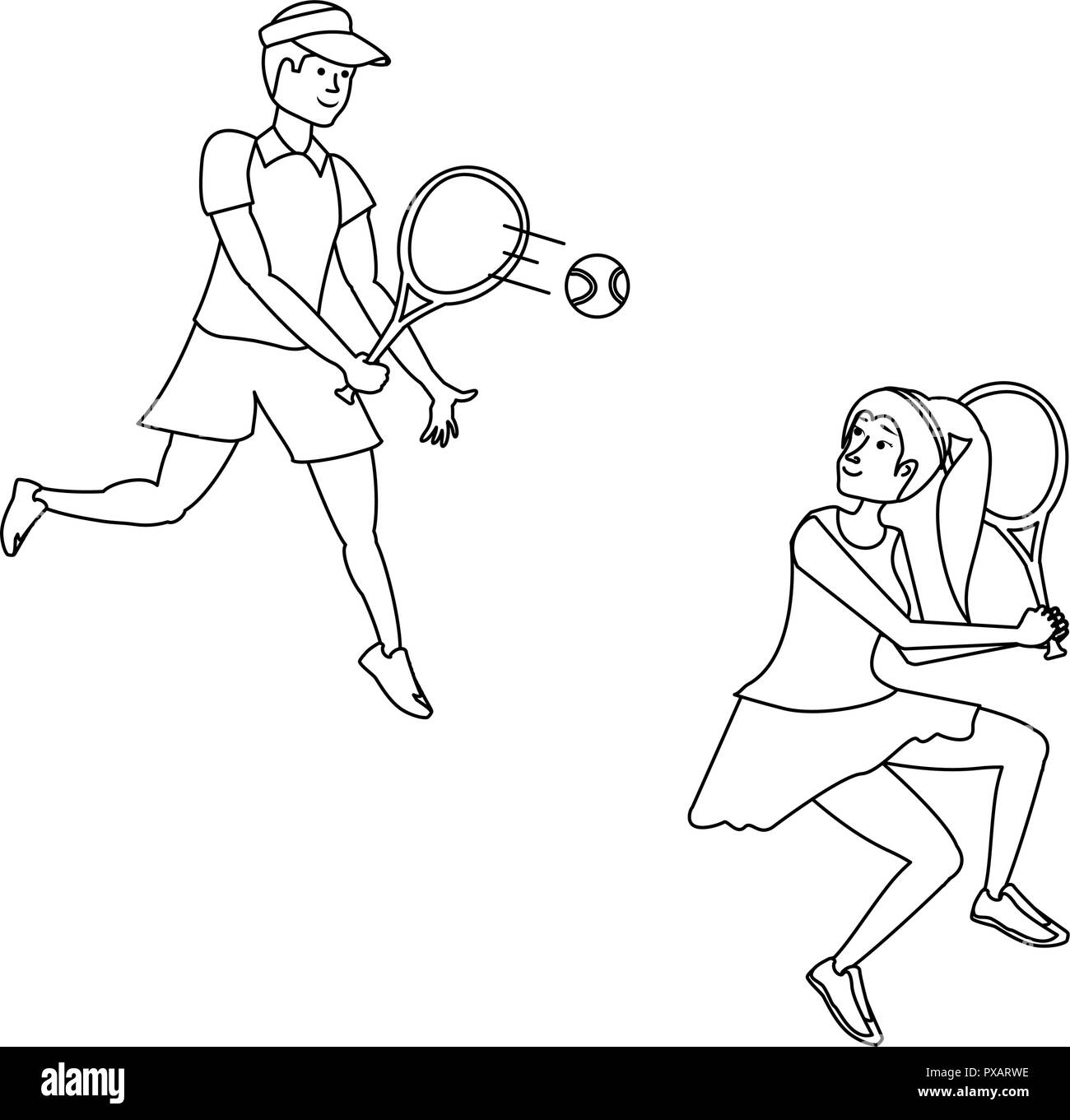 Person playing tennis illustration Black and White Stock Photos ...