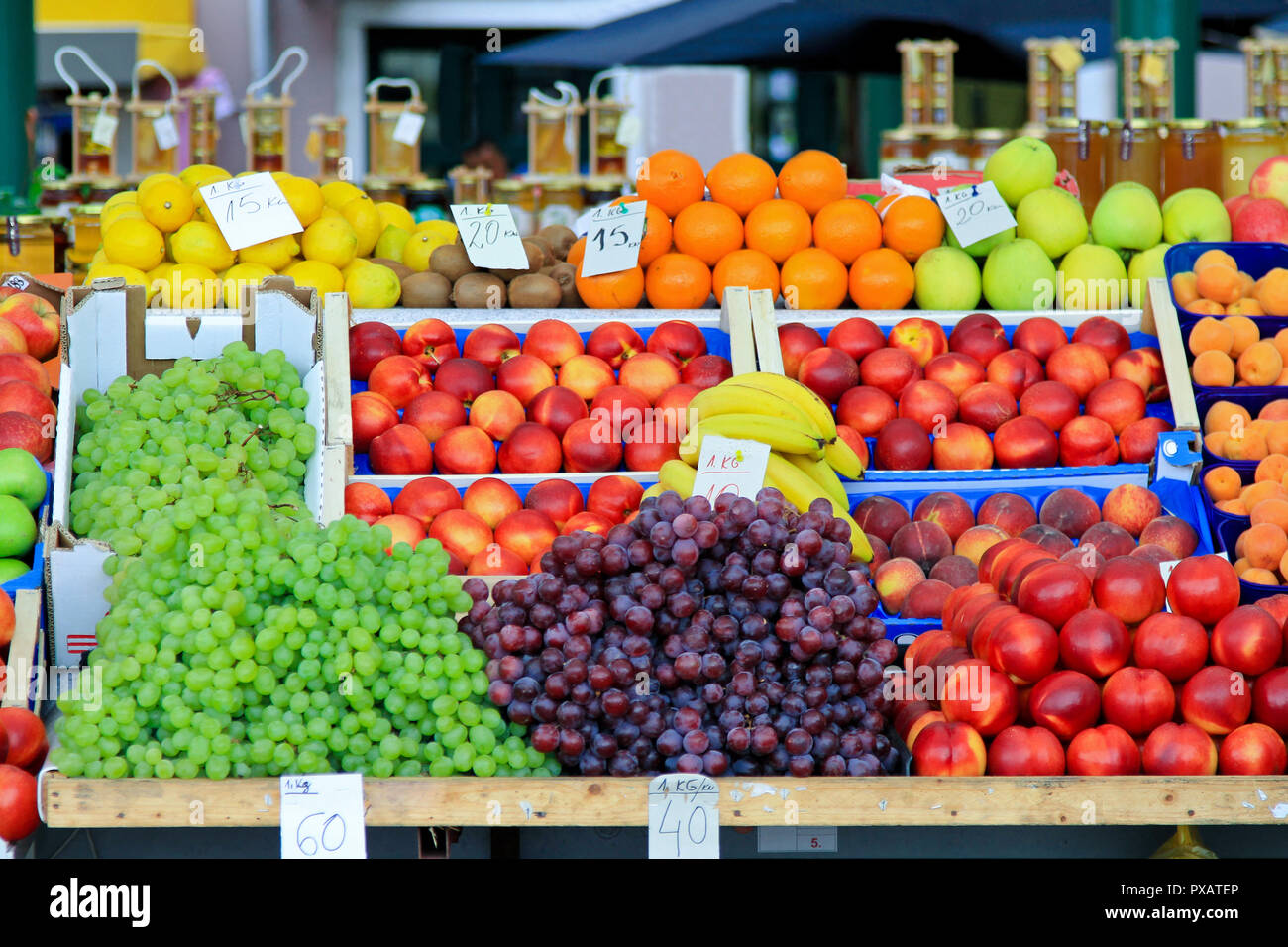 Fresh fruits and vegetables at farmers market stall Stock Photo Alamy