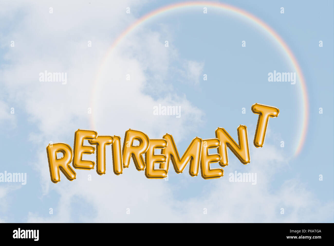 Happy retirement concept, blue sky, rainbow. Freedom, dreams and hopes with text word. Bright optimistic future. Stock Photo