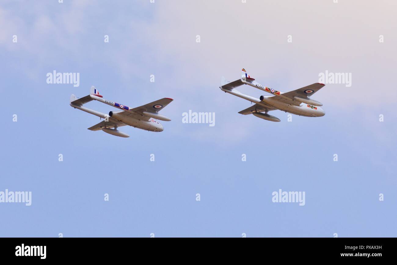 Two de Havilland Vampire jets operated by the Norwegian Air Force Historical Squadron flying at the 2018 Royal International Air Tattoo Stock Photo