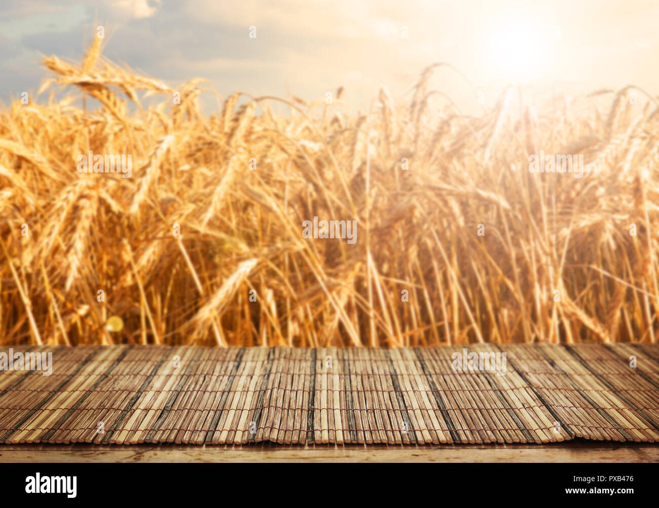 empty bamboo table for product display montages Stock Photo - Alamy