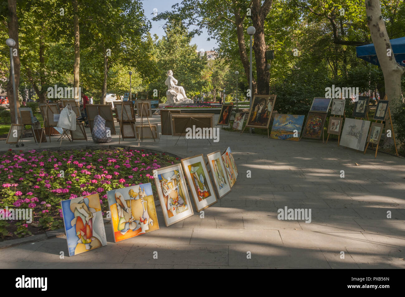 Armenia, Yerevan, Freedom Square, Swan Lake, Armenian art vendors with Martiros Sarian statue