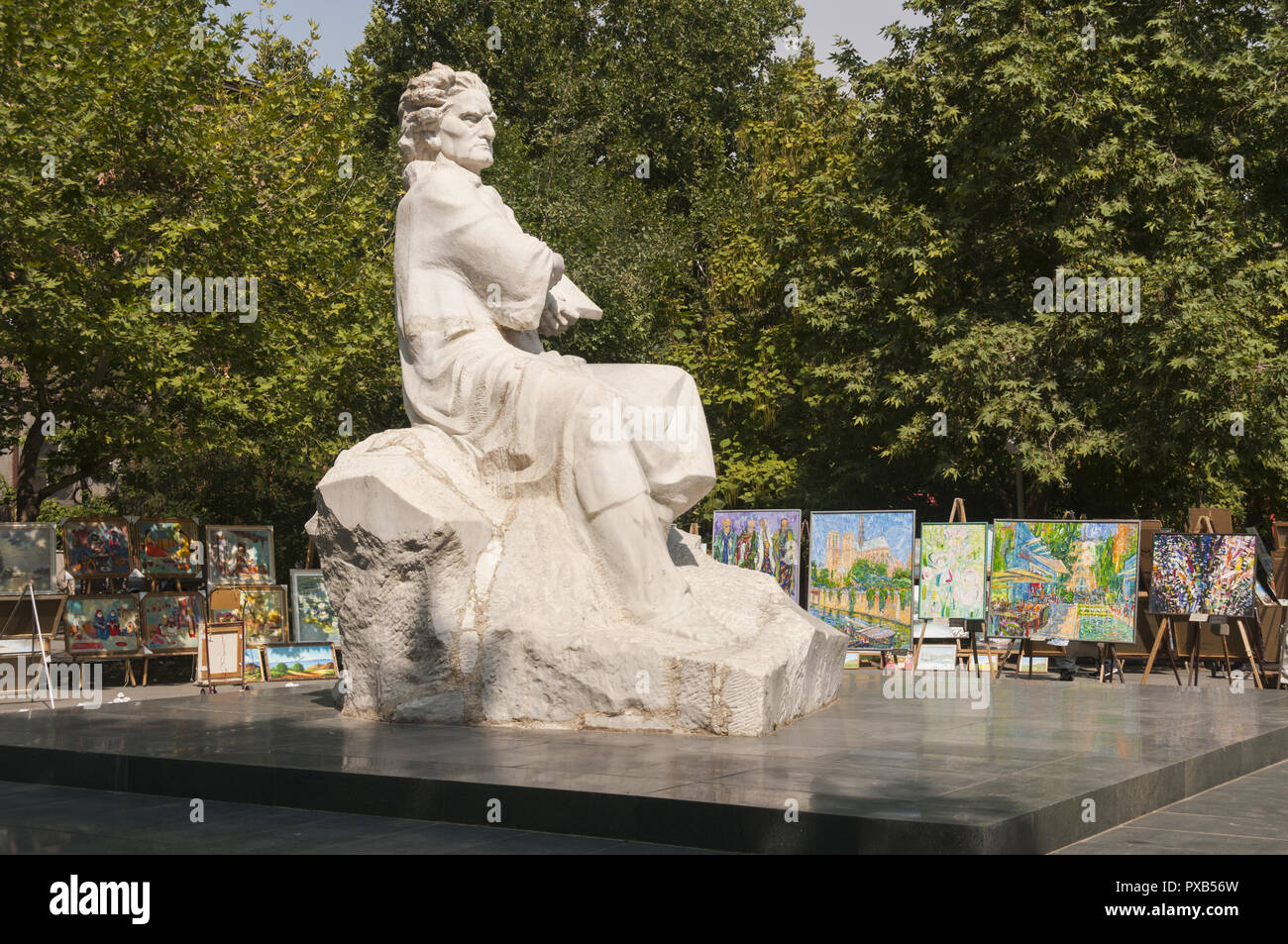 Armenia, Yerevan, Freedom Square, Swan Lake, Armenian art vendors with Martiros Sarian statue