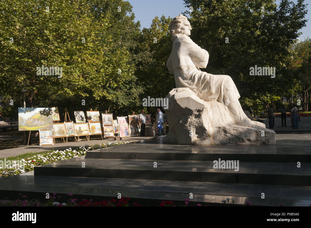 Armenia, Yerevan, Freedom Square, Swan Lake, Armenian art vendors with Martiros Sarian statue