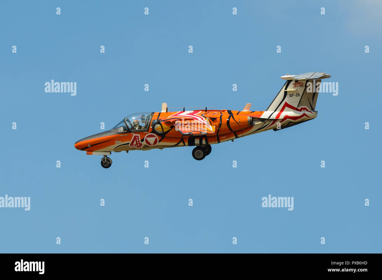 Saab 105 jet plane of the Austrian Air Force in special tiger stripe paint scheme. 40th anniversary scheme Stock Photo
