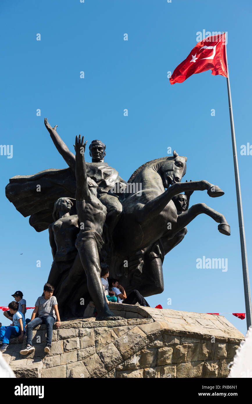 Antalya, Turkey - April 22, 2018: Monument of national rise Antalya with some people. Sculptor; Prof Dr. Huseyin Gezer. Stock Photo