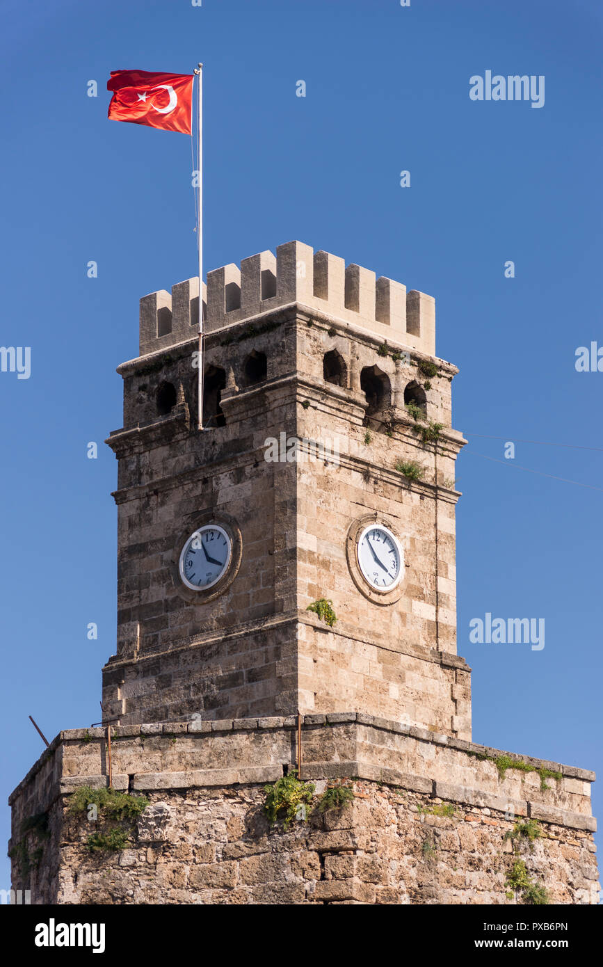 Close up shot of the Clock tower of Antalya Stock Photo