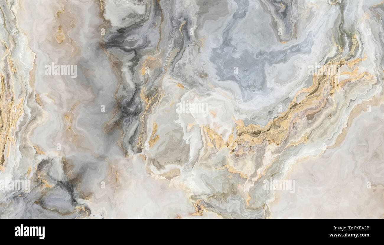 White marble pattern with curly grey and gold veins. Abstract texture