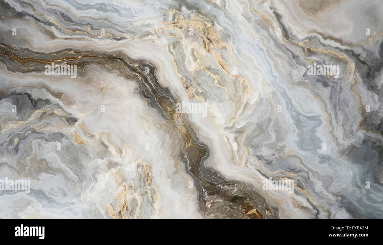 White marble pattern with curly grey and gold veins. Abstract texture