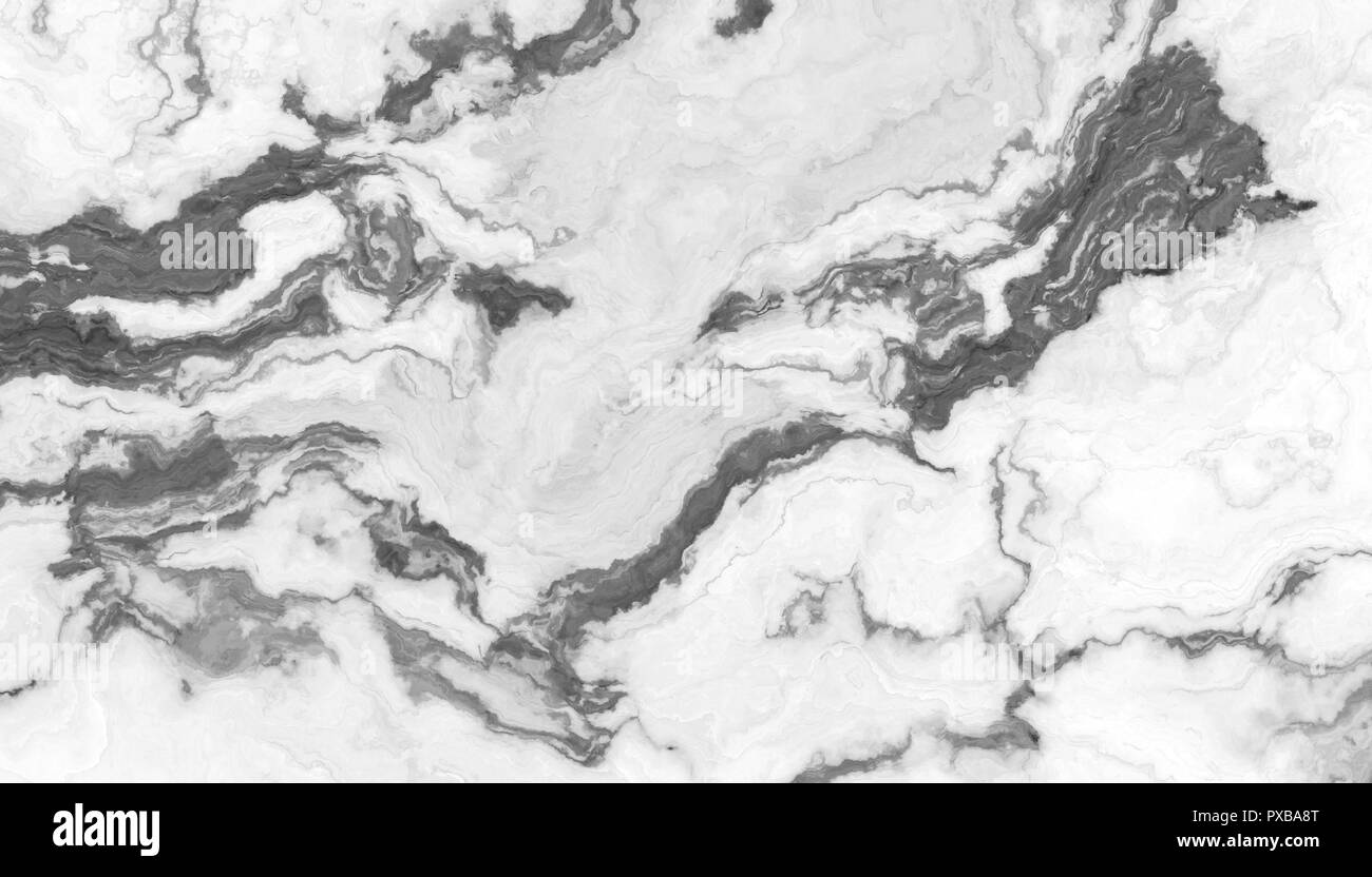 White marble pattern with curly grey and black veins. Abstract texture and background. 2D illustration Stock Photo
