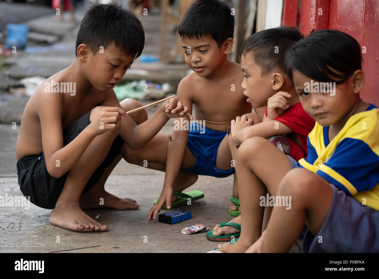Young boys on a sidewalk play the game of spider fighting,popular amongst young children in the Philippines Stock Photo