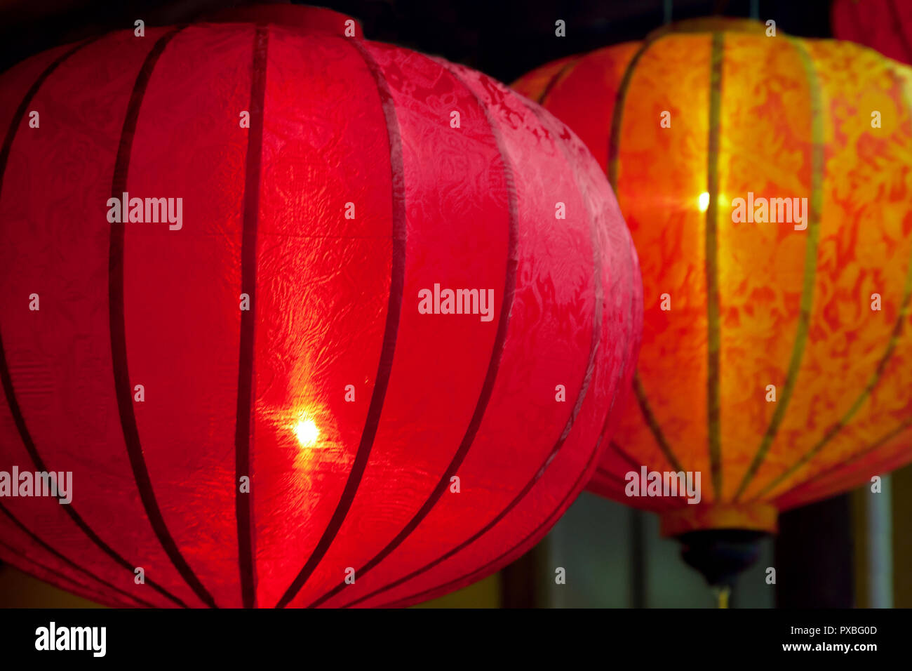 Glowing Red Decorative Chinese Lanterns Side View Stock Photo