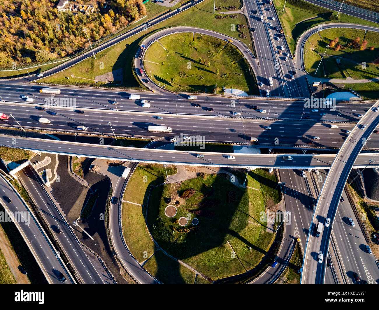 Aerial view of a freeway intersection traffic trails in Moscow Stock ...