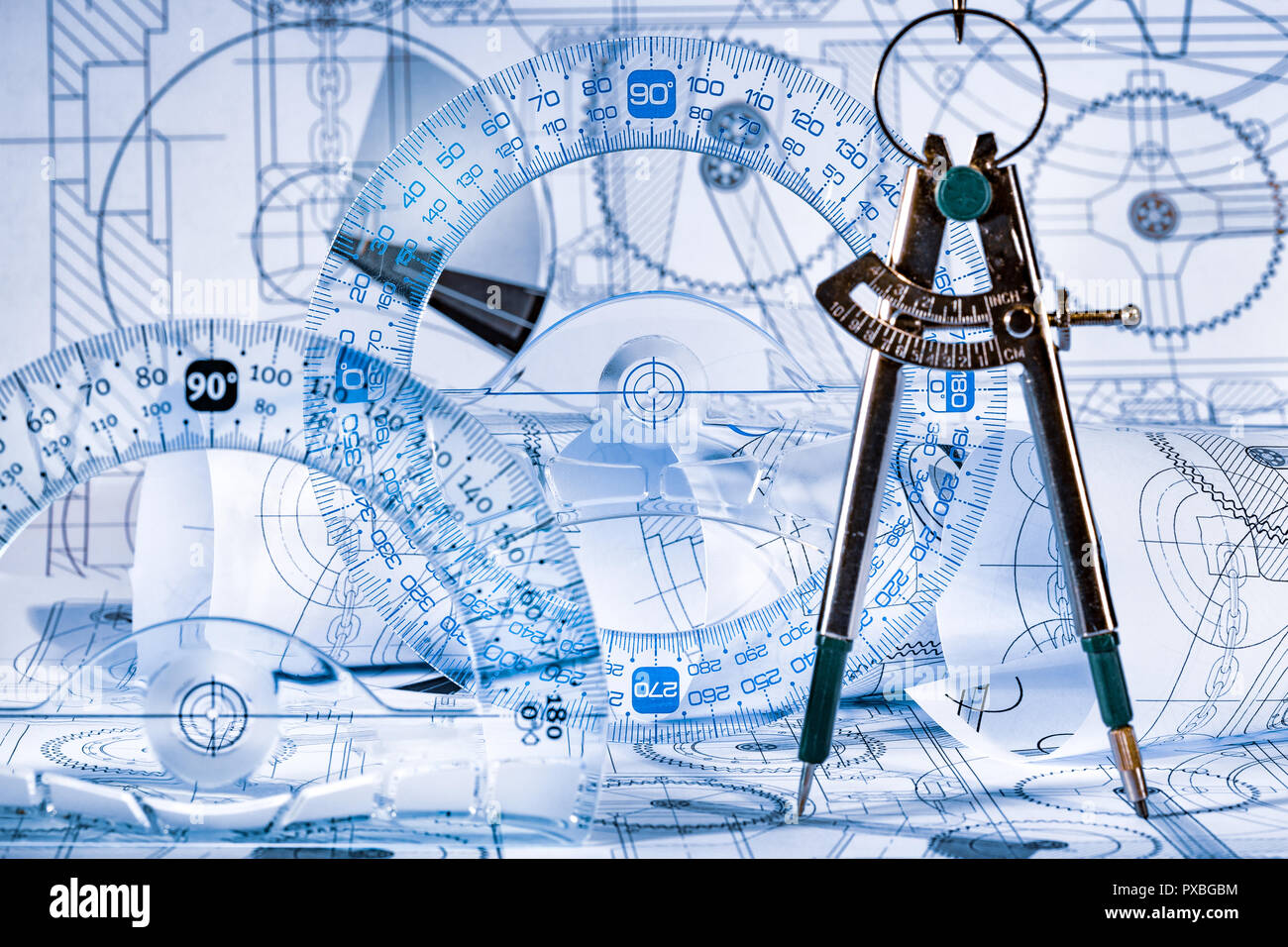 Technical drawing and tools Stock Photo