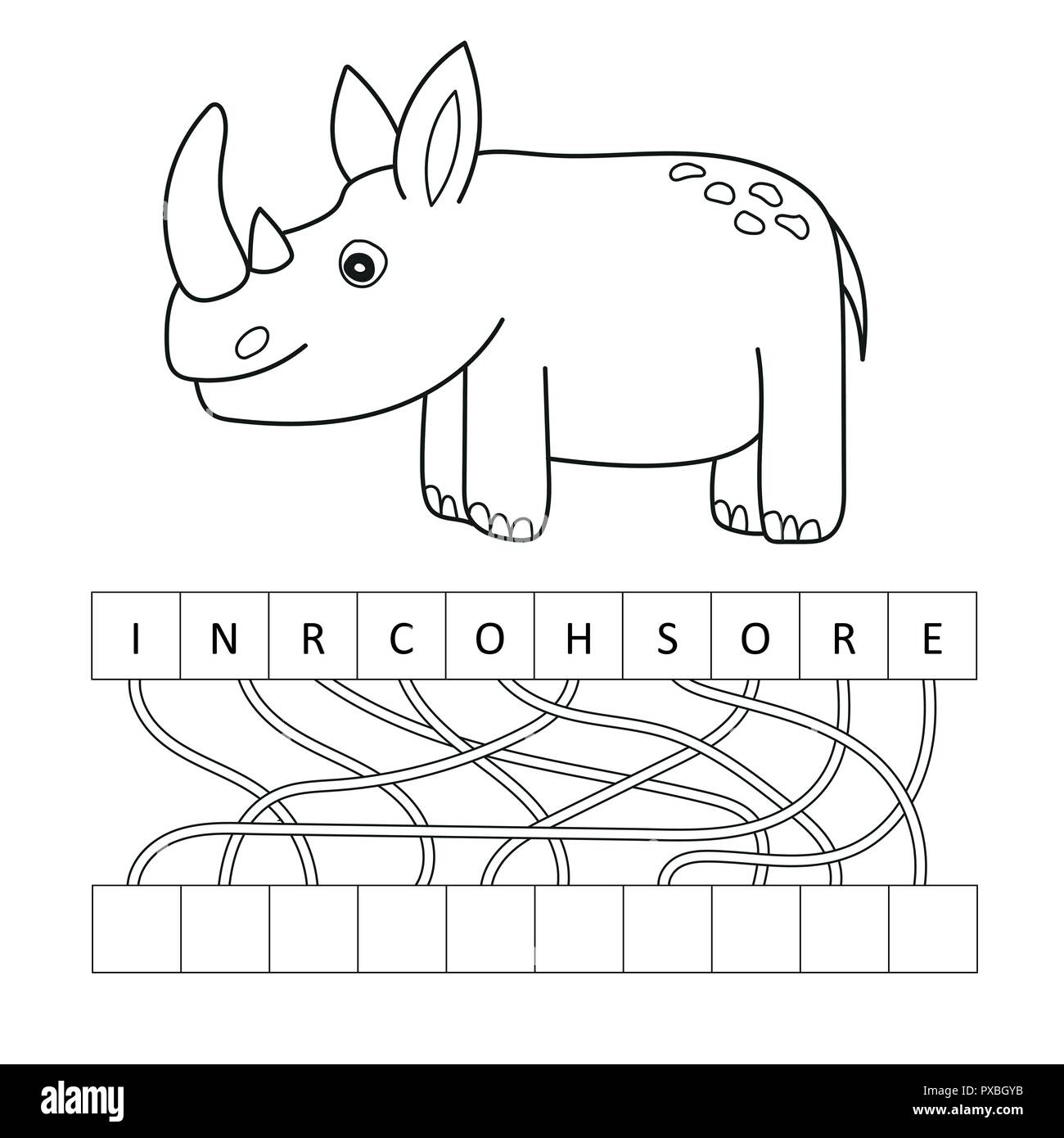Coloring page outline of cartoon cute rhino. Vector illustration, coloring book Stock Vector