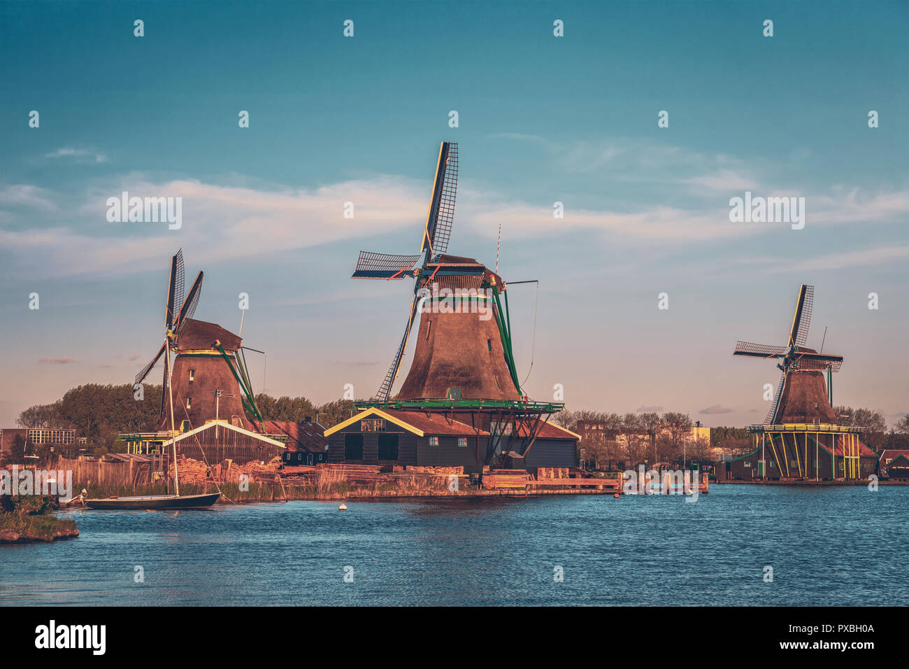 Windmills at Zaanse Schans in Holland in twilight after sunset. Stock Photo