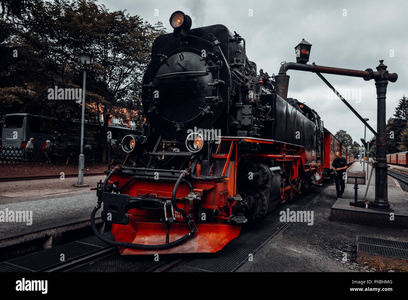 The Harzquerbahn is refueled with water Stock Photo