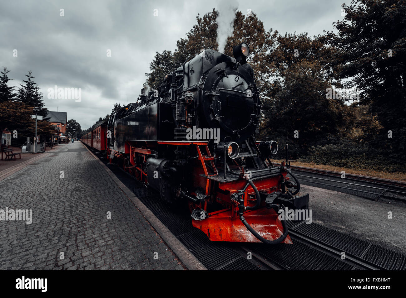 Steam locomotive of the Harz narrow-gauge railway stands in the station waiting for departure Stock Photo