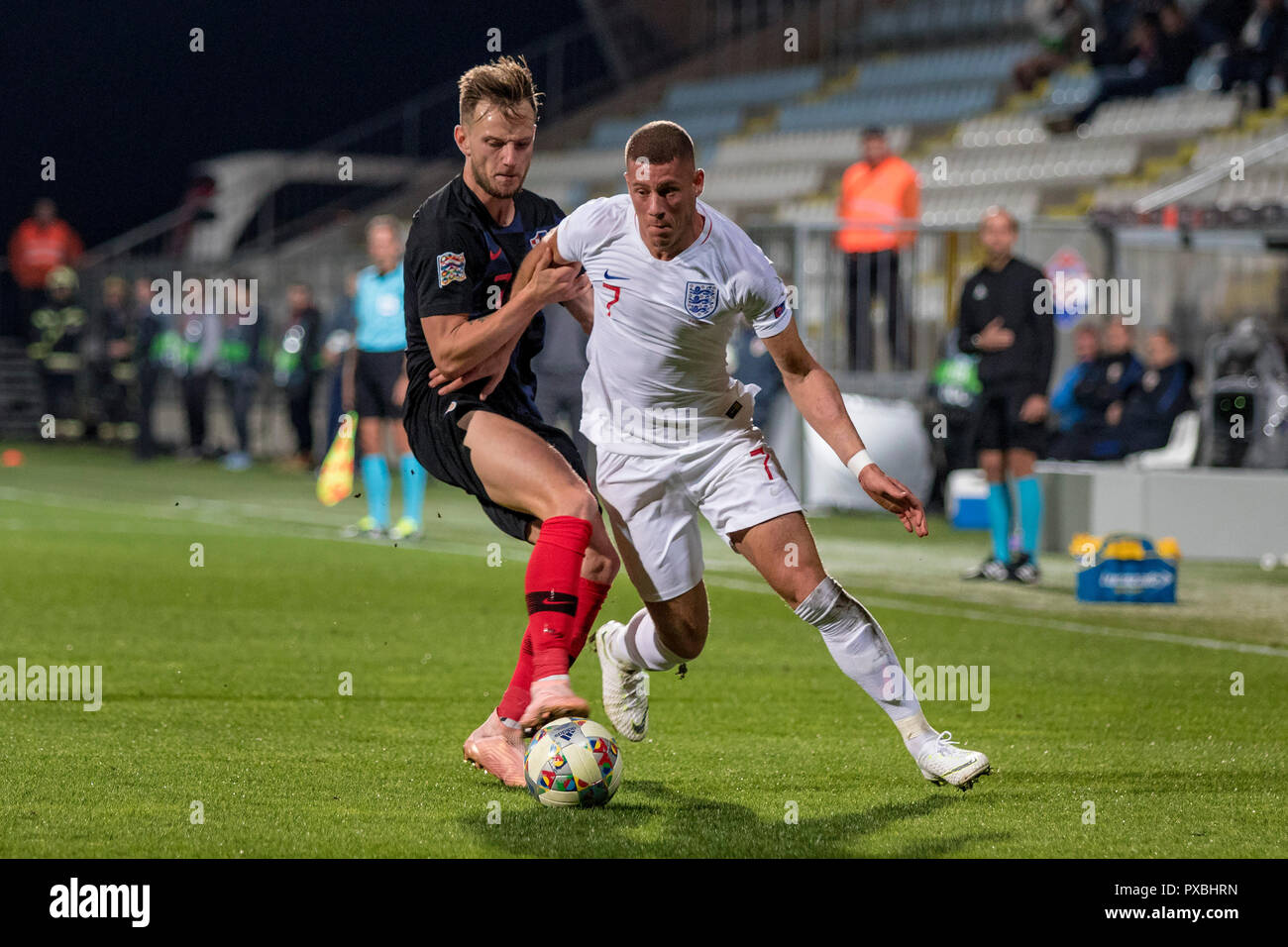 RIJEKA, CROATIA - OCTOBER 12, 2018: UEFA Nations League football match Croatia vs. England. In action Ross Barkley (7) and Ivan Rakitic (7) Stock Photo