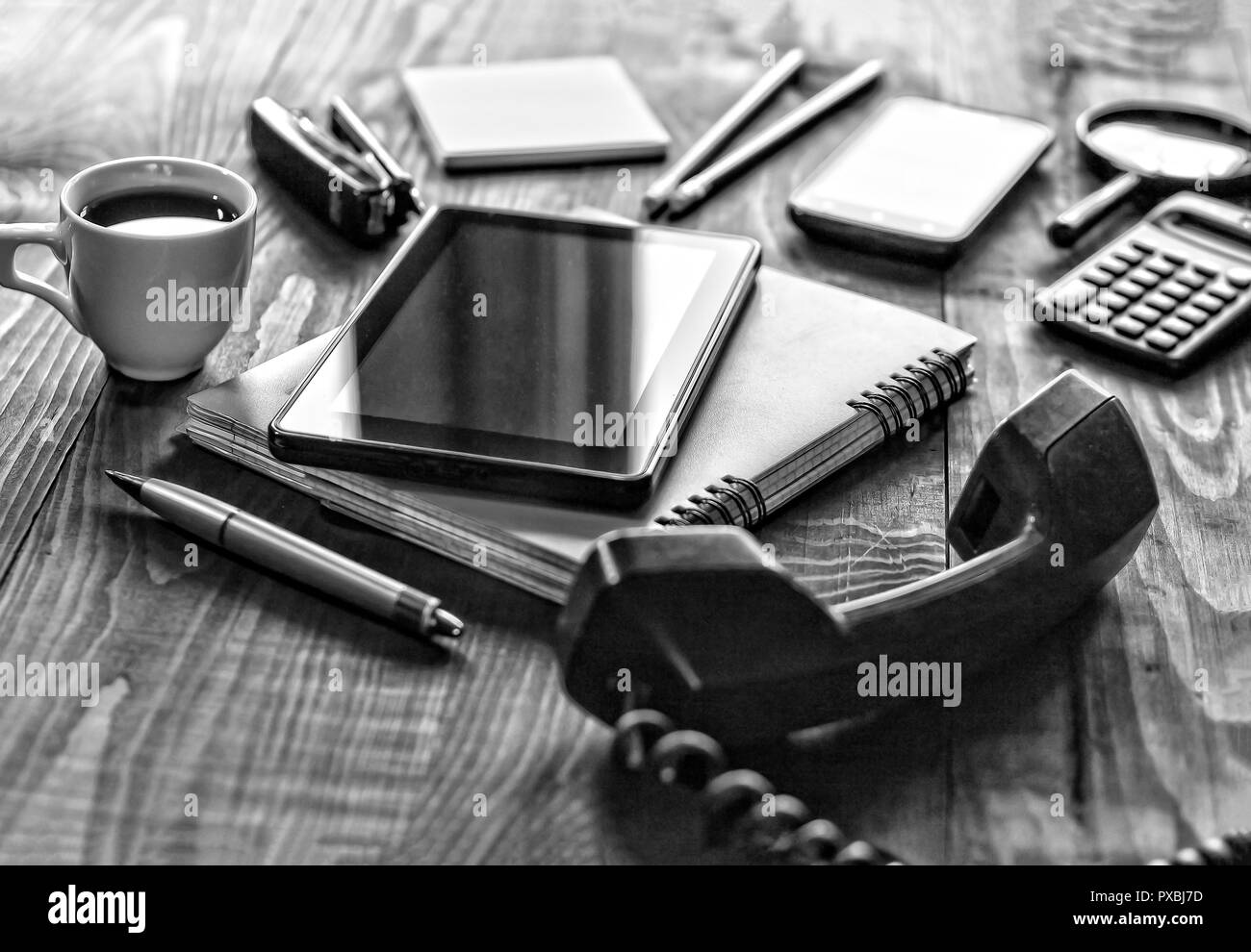 Black and white photo, Office workplace. Concept work in the office