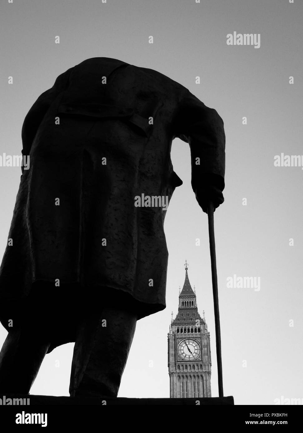 Silhouette of Winston Churchill's statue with Big Ben in the distance. Stock Photo