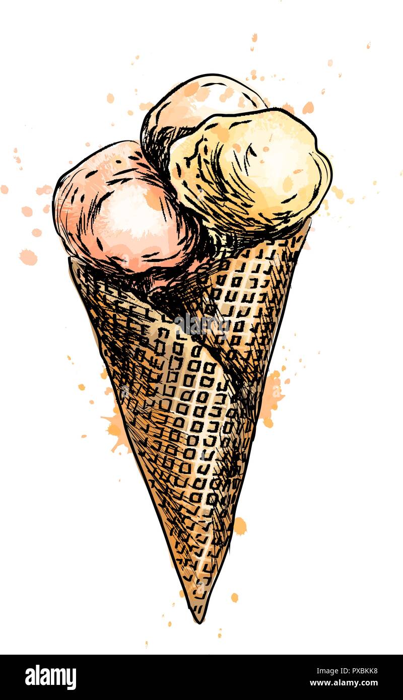 Ice cream in a waffle cup from a splash of watercolor Stock Vector ...