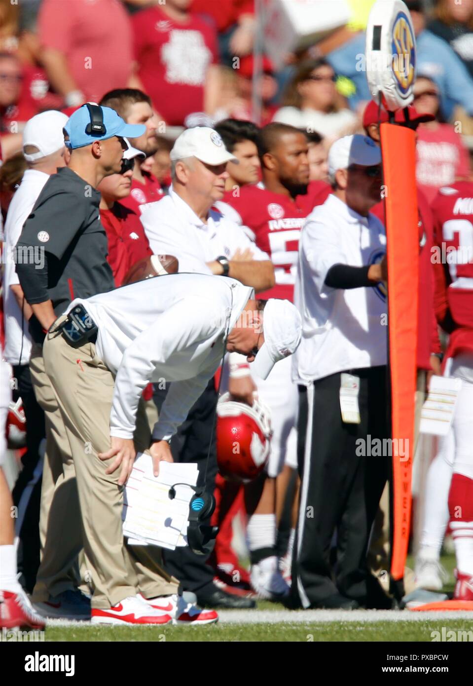 Oct 20, 2018 Arkansas Head Coach Chad Morris reacts to a dropped ball