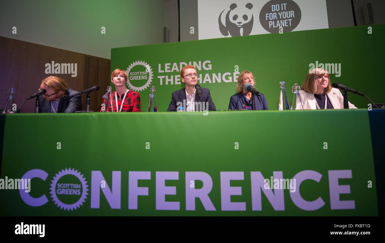 Glasgow, Scotland, UK. 20th Oct, 2018. Scottish Green Party National Conference 2018.  Pictured (left to right) Robin Parker - WWF Scotland Public Affairs Manager; Councillor Claire Miller; Ross Greer MSP;  Senator Grace O'Sullivan; Alison Johnstone MSP). Credit: Colin Fisher/Alamy Live News Stock Photo