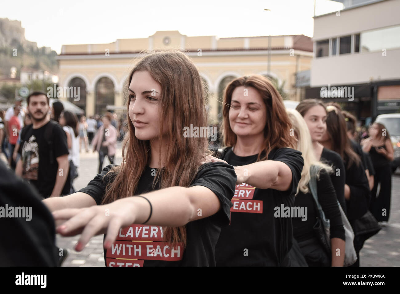 Athens, Greece. 20th Oct, 2018. Women are seen participating during the event. People have participated in the 5th Walk for Freedom 2018 in Athens, an event that aims to spread awareness about human trafficking and to let people know that slavery still exists. Credit: SOPA Images Limited/Alamy Live News Stock Photo