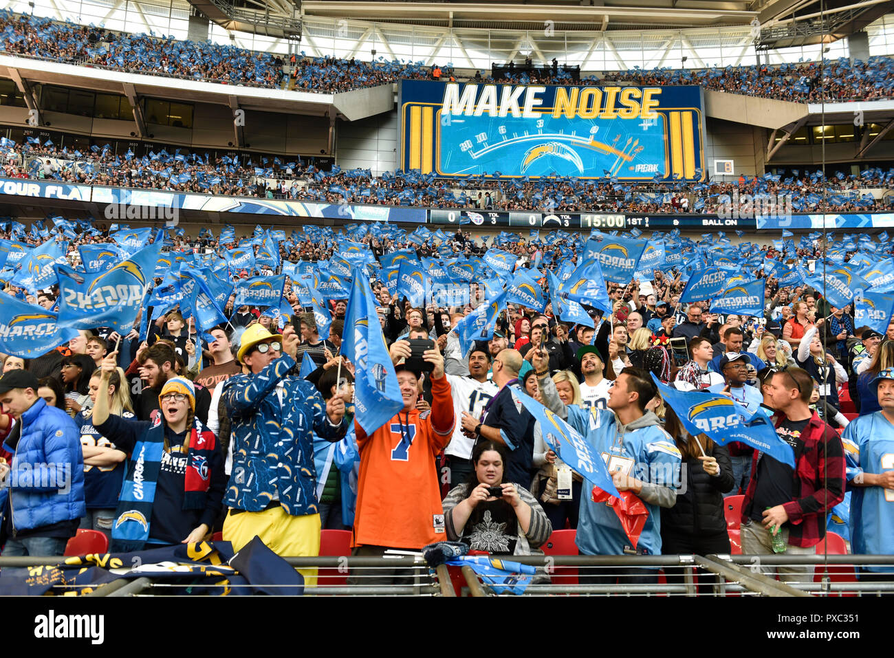 London, UK. 21 October 2018. Chargers fans celebrate. Tennessee